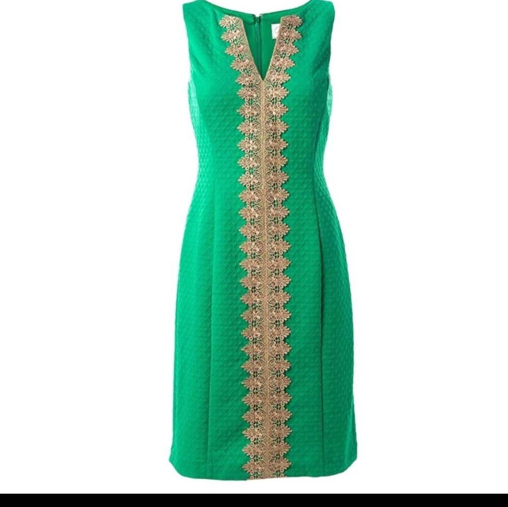 Pappagallo Kelly Green and Metallic Gold Sheath Dress